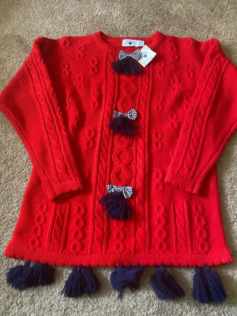 NWT Hartstrings Pullover Sweater Size 14 Red Cable Knit Bow Tassels